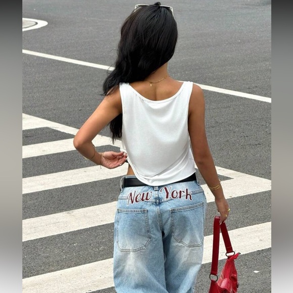 American Flag White Tank Top Crop Raw Hem Stripes Stars United States - Picture 16 of 16